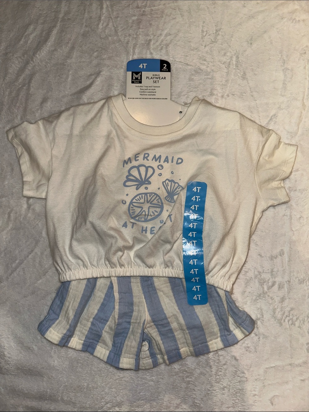 Girls White & Light Blue Mermaid Tee and Striped Shorts Set - 4T